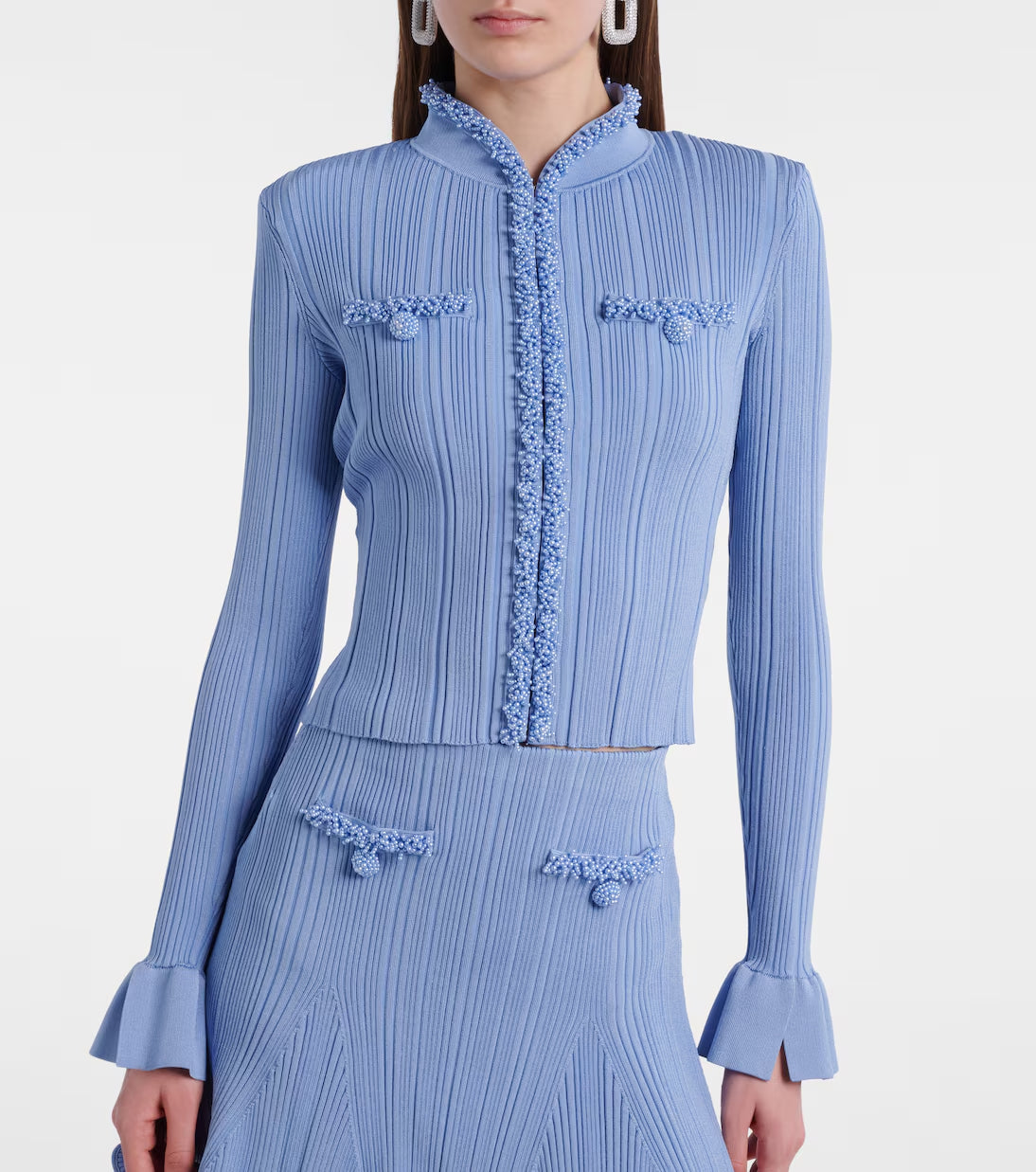 polly blue Beaded Knit Blouse & Skirt Set