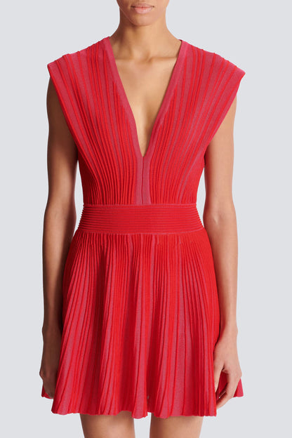 v-neck sleeveless flared knit mini dress in red