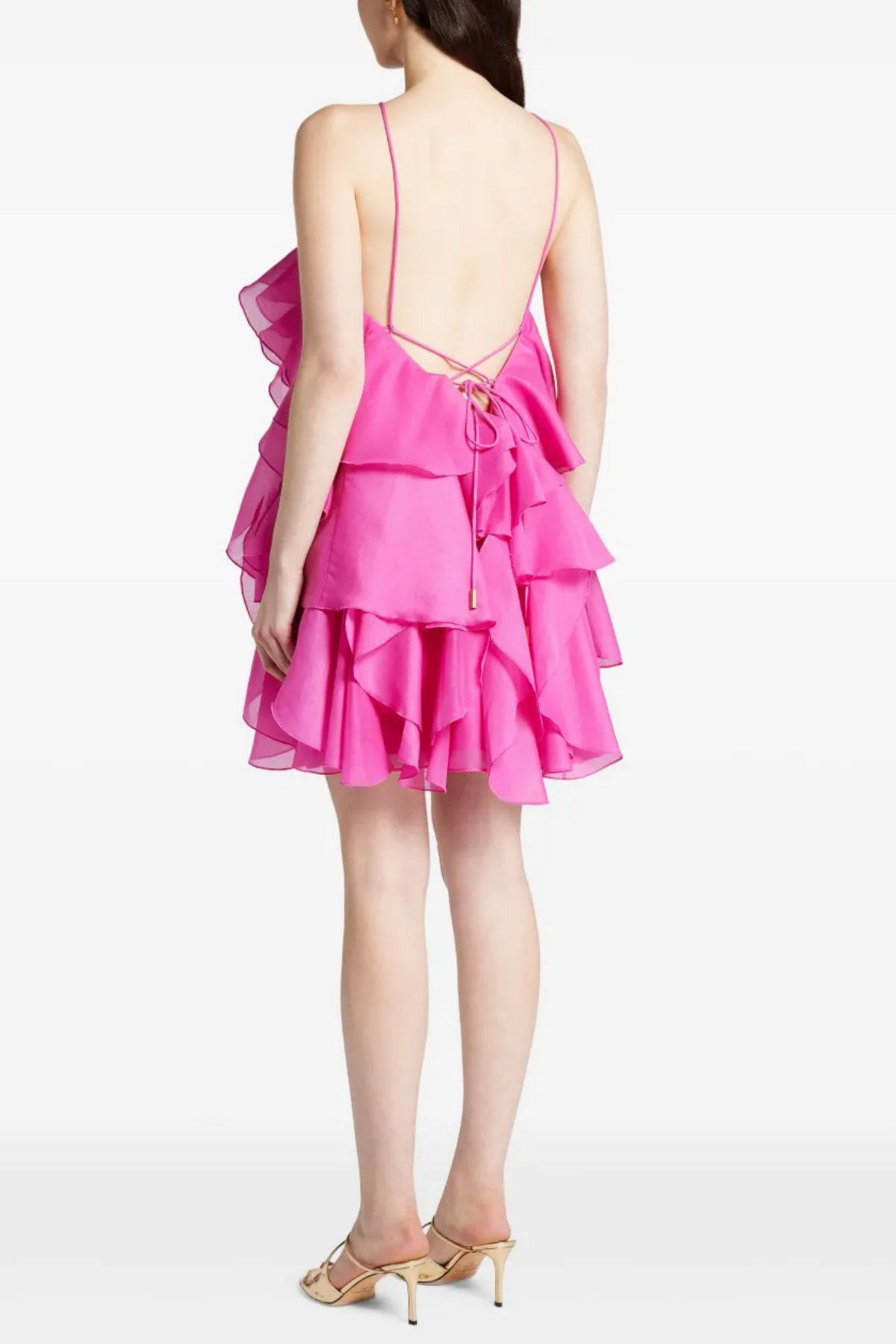 lorraine Halter Floral Ruffle Layered Mini Dress in Fuchsia