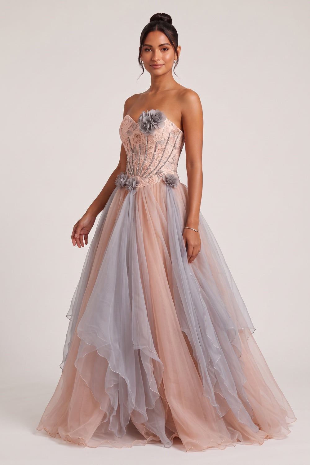 Peach Tulle Ballgown with Grey Floral Embellishments peach, dusty pink tulle ballgown - product view 4