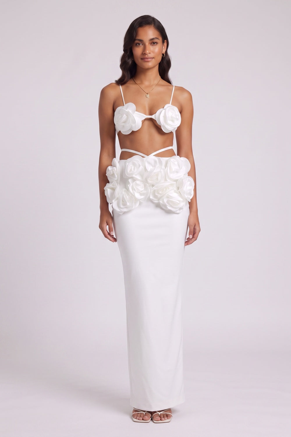 White Structured crepe or heavy satin Fitted column Two-piece set (bralette top and maxi skirt) White Structured crepe or heavy satin Two-piece set (bralette top and maxi skirt) - product view 4