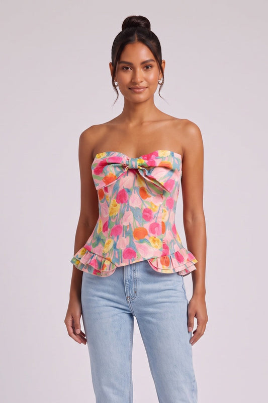 Pink Floral Strapless Corset Top with Peplum pink cotton-blend woven fabric top - product view 2