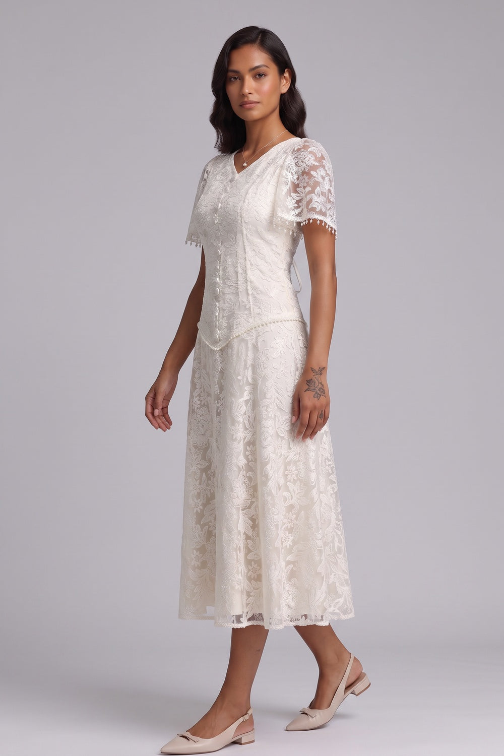 Ivory Floral Lace A-line Dress ivory floral lace dress - product view 2