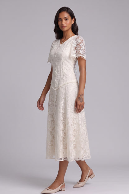 Ivory Floral Lace A-line Dress ivory floral lace dress - product view 2