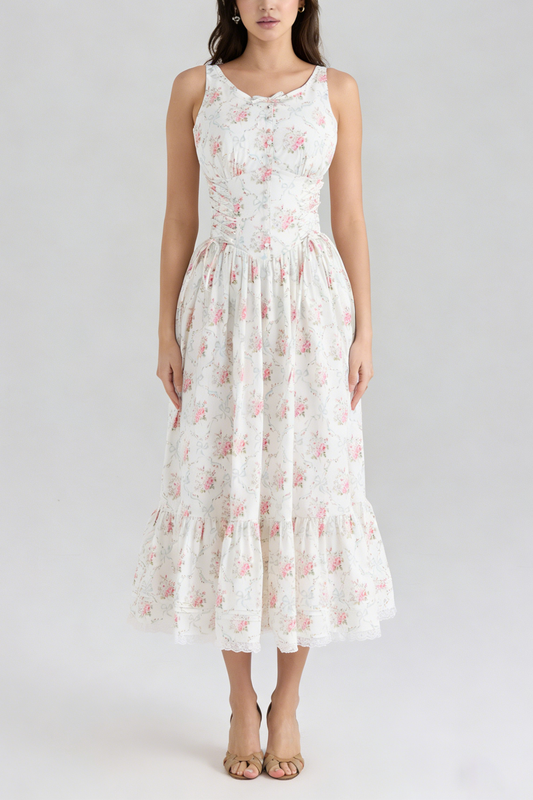 Hedy Elastic Printed Tie-Waist Midi Dress——pink
