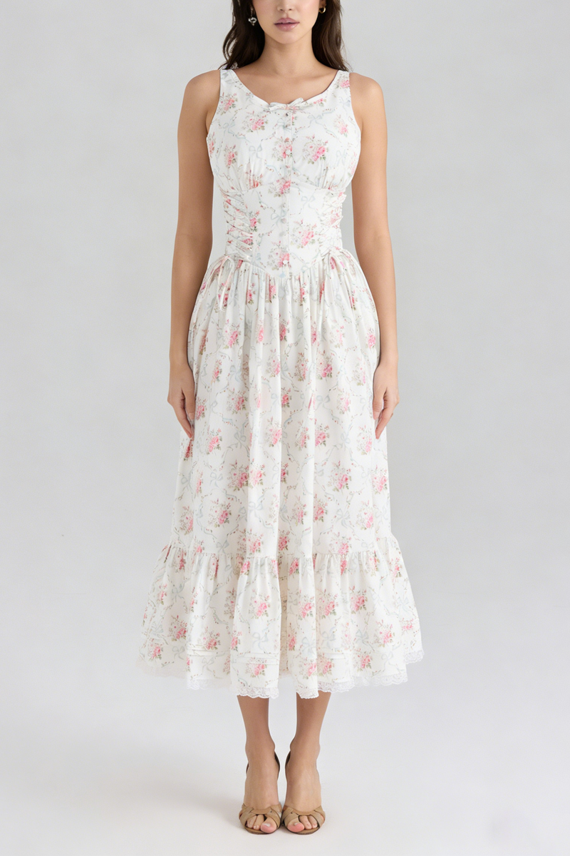 Hedy Elastic Printed Tie-Waist Midi Dress——pink