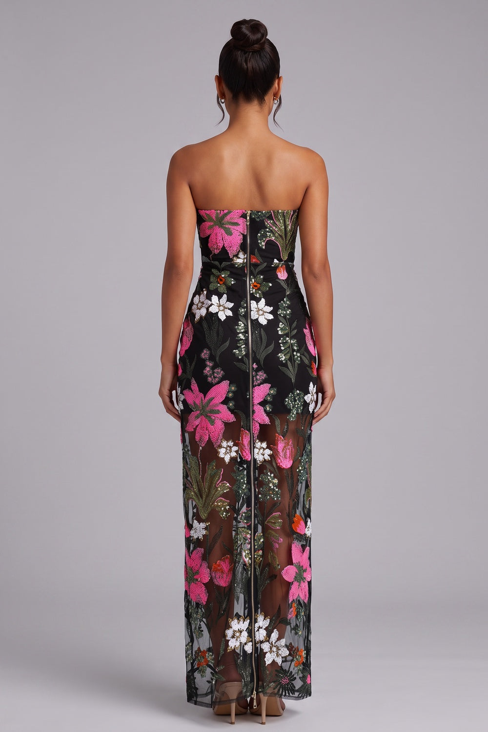 Black Floral Embroidered Mesh Column Dress black mesh dress - product view 5