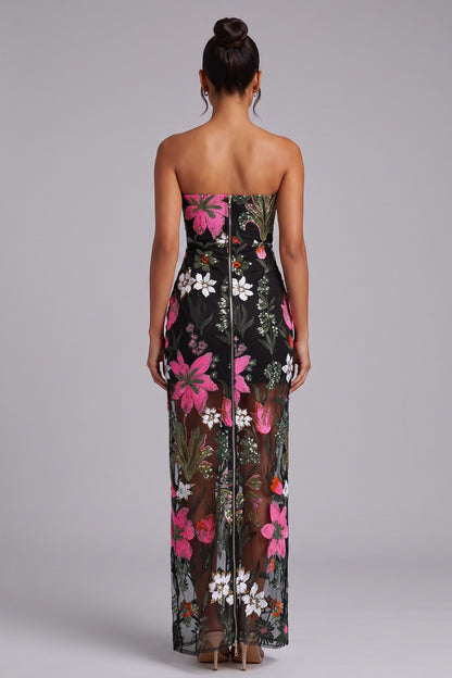 Black Floral Embroidered Mesh Column Dress black mesh dress - product view 5