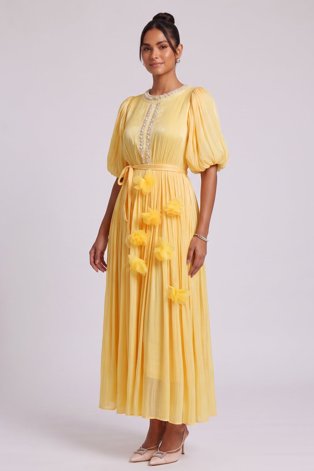 Yellow Midi Dress with Beaded Neckline and 3D Floral Appliqués Premium Fabric - product view 5