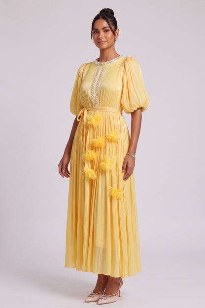 Yellow Midi Dress with Beaded Neckline and 3D Floral Appliqués Premium Fabric - product view 5