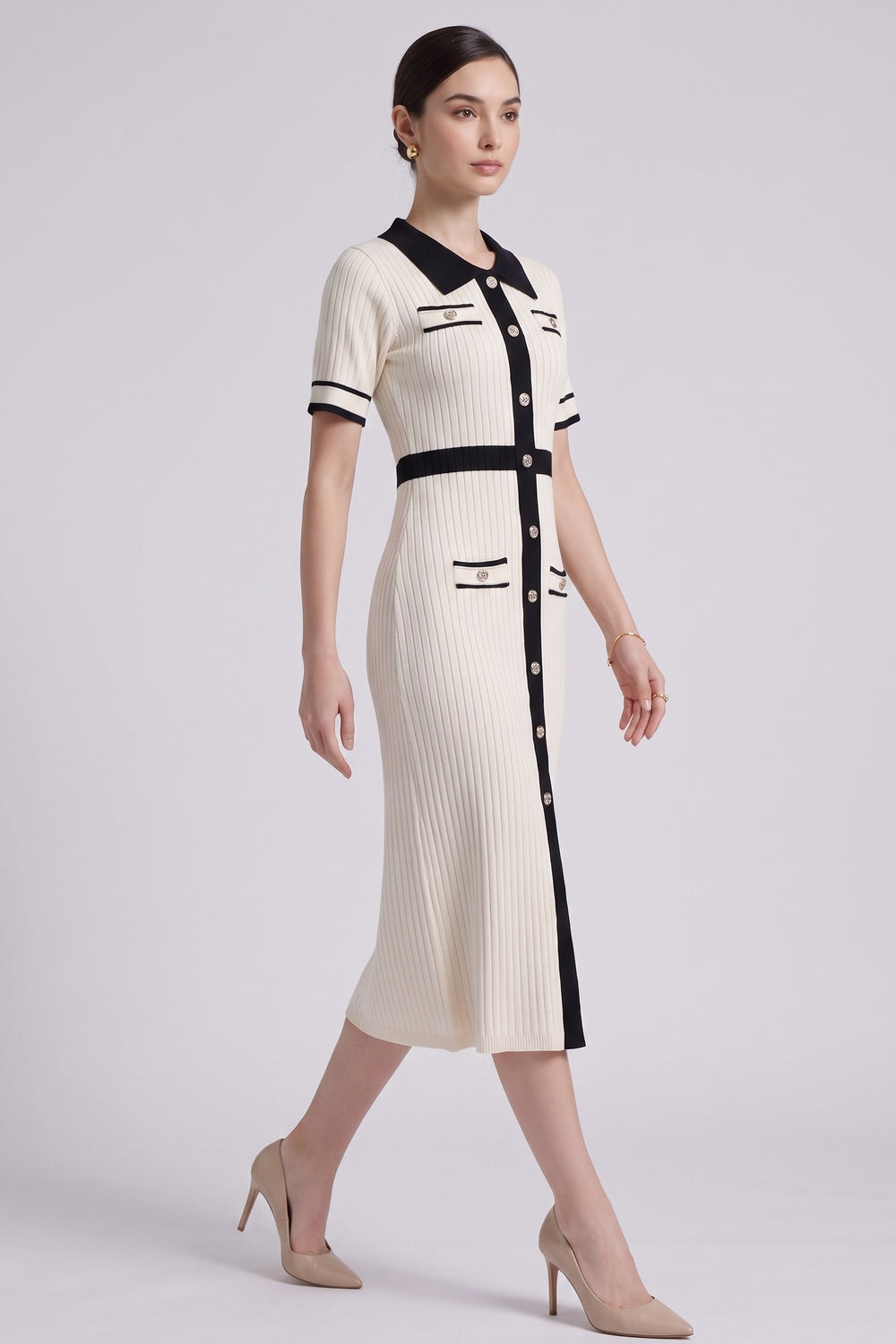 Cream Ribbed Knit Midi Dress with Black Contrast Trim cream ribbed knit dress - product view 3