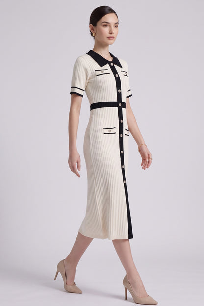 Cream Ribbed Knit Midi Dress with Black Contrast Trim cream ribbed knit dress - product view 3