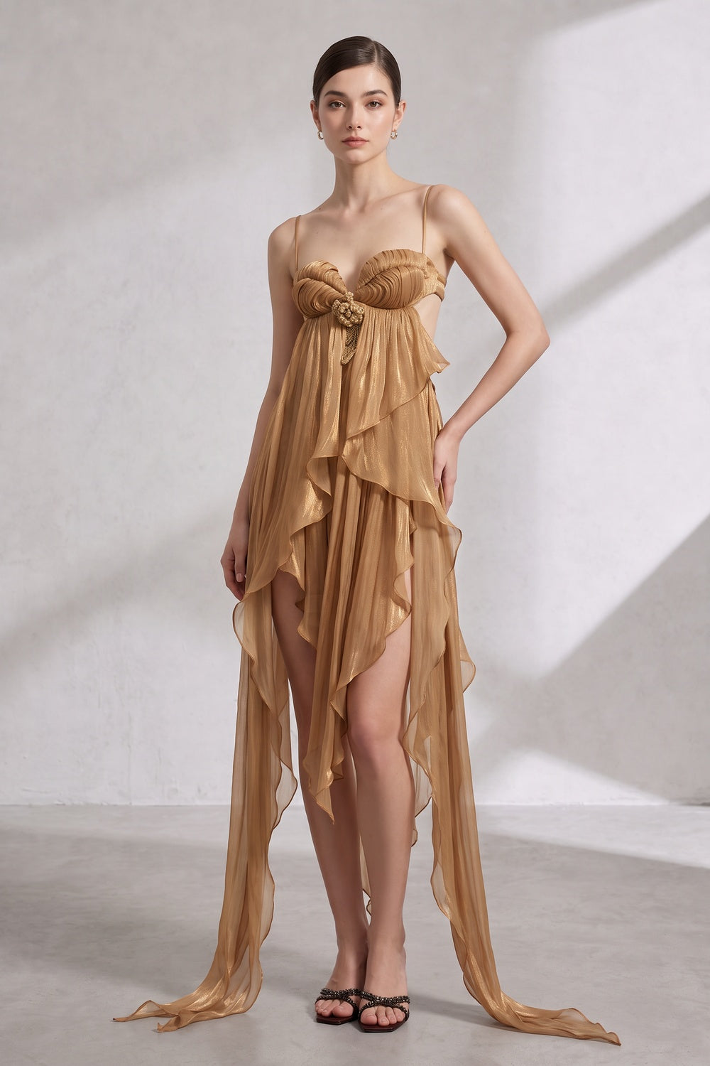 Gold Sheer Chiffon Asymmetrical High-Low Draped Dress with Open Back gold, bronze sheer chiffon dress - product view 1