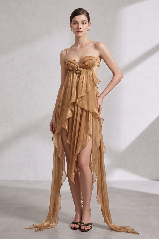 Gold Sheer Chiffon Asymmetrical High-Low Draped Dress with Open Back gold, bronze sheer chiffon dress - product view 1