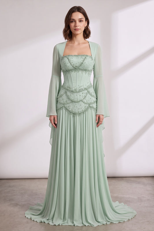 Mint green Chiffon A-line with structured corset bodice Floor-length gown with matching long-sleeve shrug Mint green Chiffon Floor-length gown with matching long-sleeve shrug - product view 2