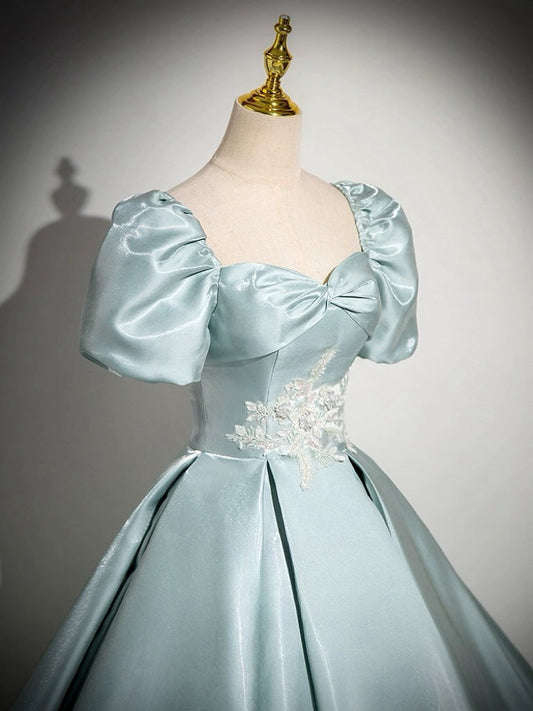 A-Line Sweetheart Neck Puff Sleeves Satin Blue Dress