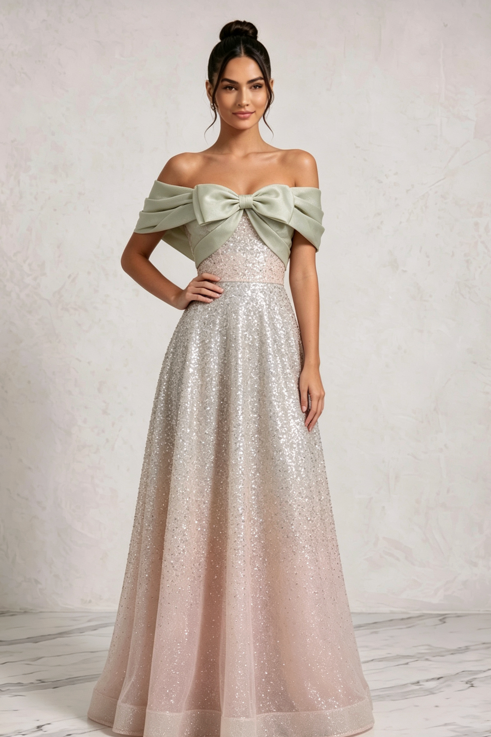 silver sequined tulle a-line gown