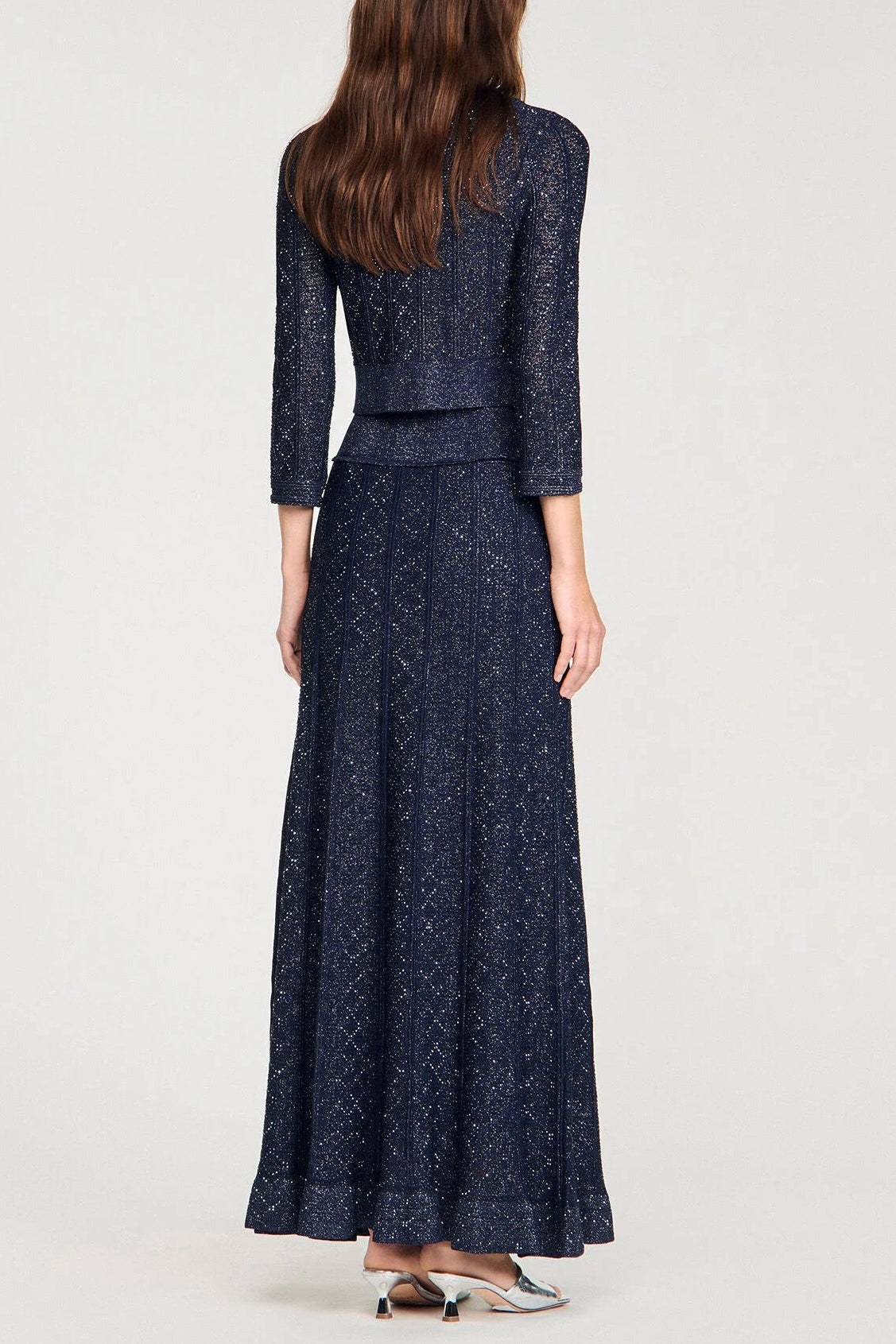 alexandra Rhinestone knit maxi skirt in navy blue