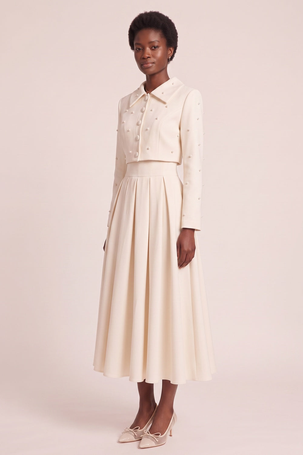 Pearl Embellished Collar Crop Blazer &amp; High Waist Pleated Midi Skirt Two Piece Set