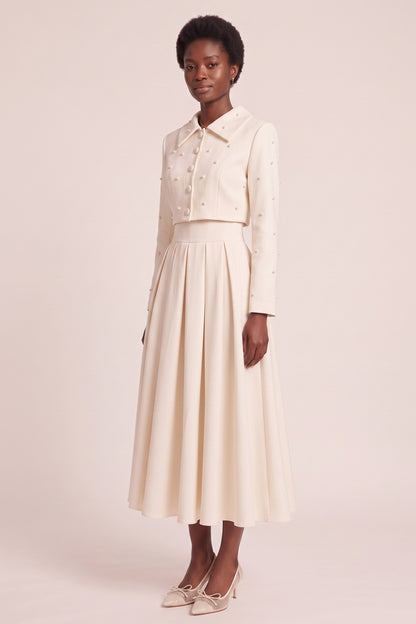 Pearl Embellished Collar Crop Blazer &amp; High Waist Pleated Midi Skirt Two Piece Set