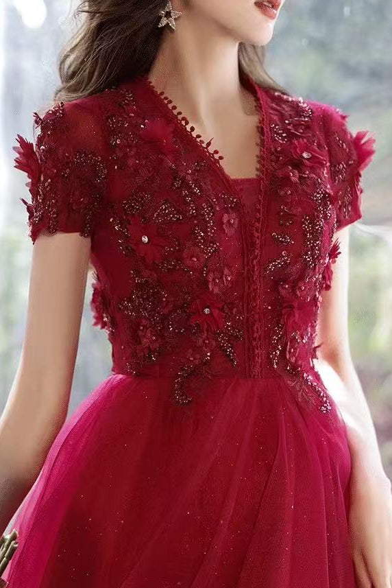 3D Floral Lace Short Sleeve Tulle Floor-Length Evening Gown