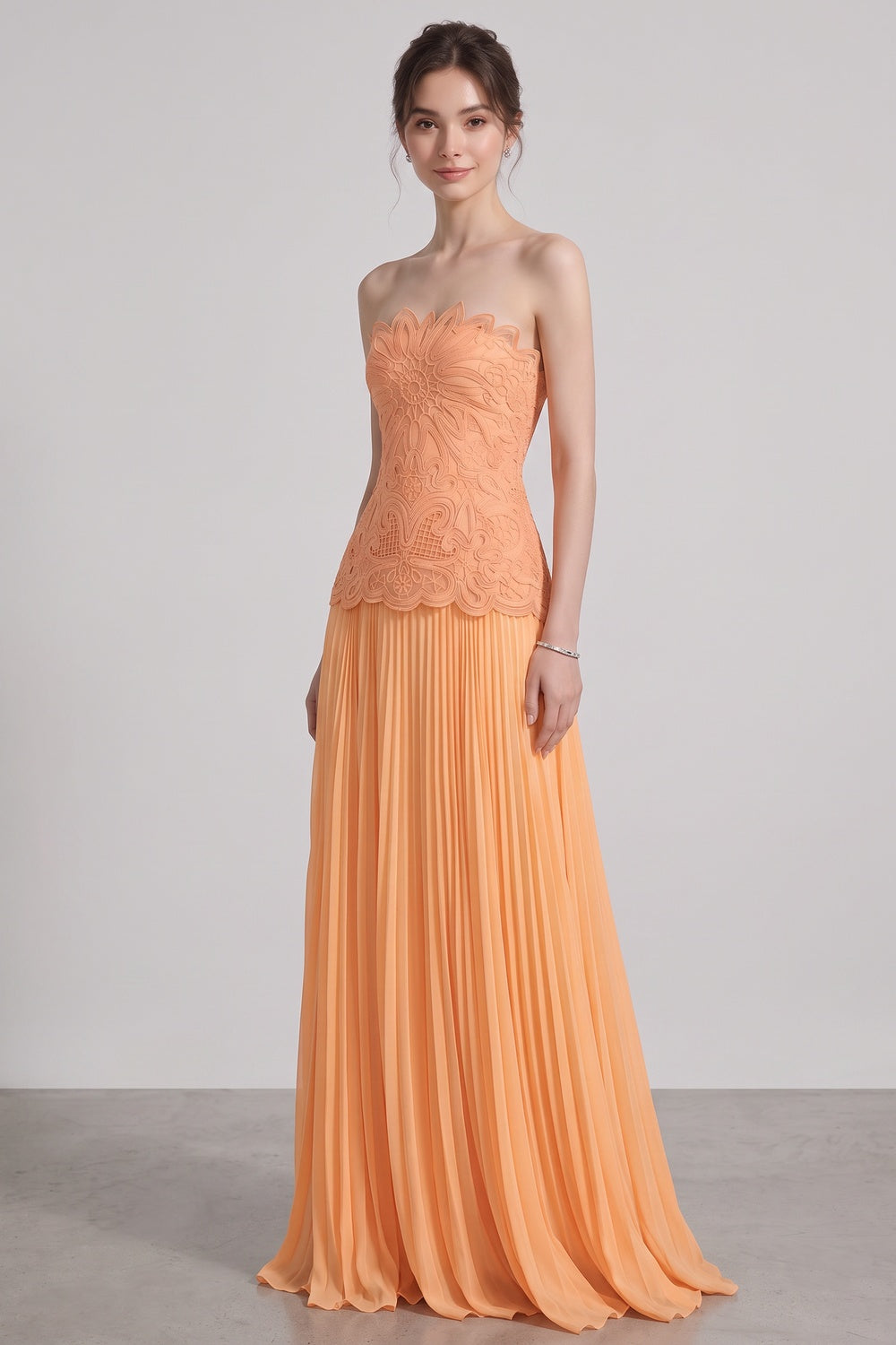 peach chiffon A-line with fitted drop-waist bodice gown peach chiffon gown - product view 4