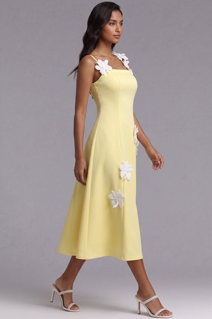 Pastel Yellow Structured Crepe A-Line Midi Dress with 3D Floral Appliqués pastel yellow structured crepe dress - product view 2