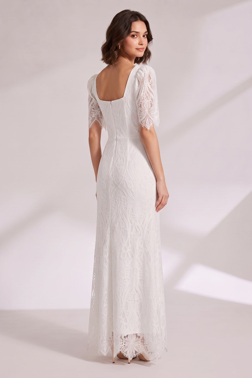 White Lace Floor-Length Dress with Puff Sleeves Premium Fabric - product view 5