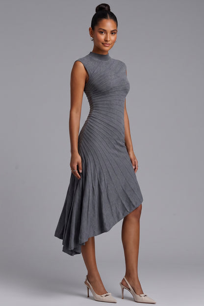 Grey Asymmetric Hem Midi Dress Premium Fabric - product view 5
