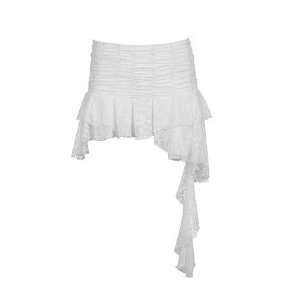 Ruched Lace Asymmetrical Mini Skirt