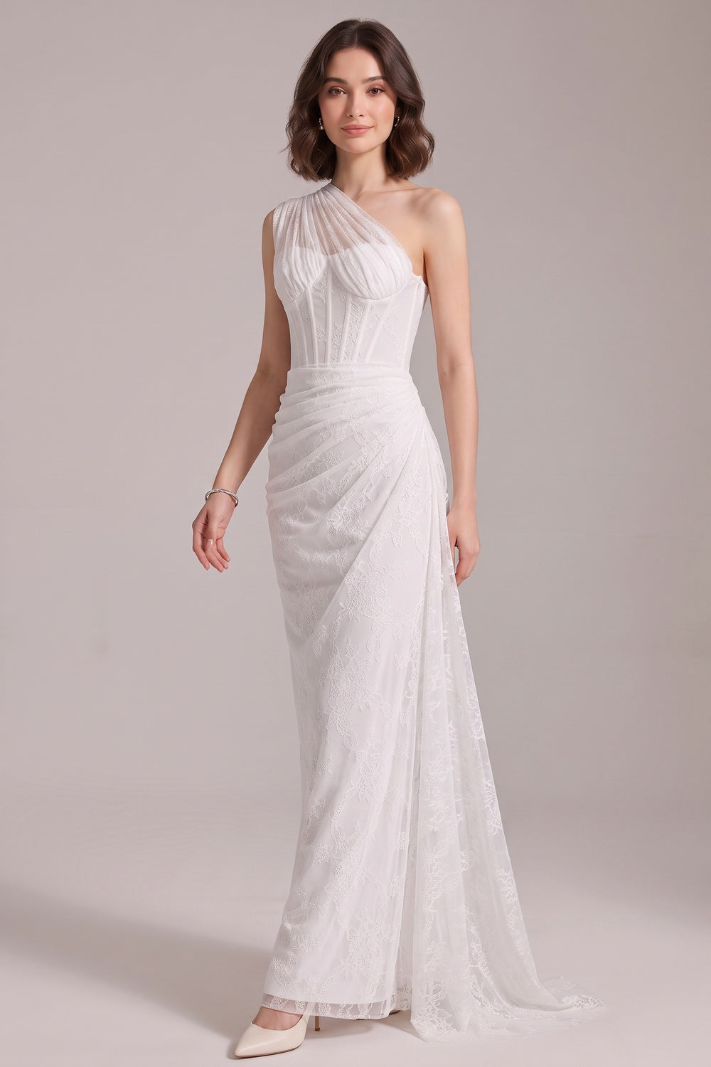 White Floral Lace One-Shoulder Column Gown white floral lace gown - product view 4
