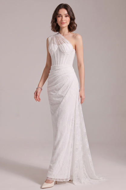 White Floral Lace One-Shoulder Column Gown white floral lace gown - product view 4