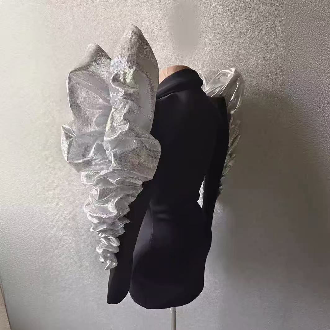 Black Blazer Mini Dress with Ruffled Organza Sleeves & Crystal Rhinestones