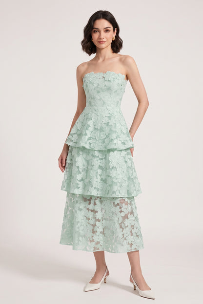 Mint Green 3D Floral Applique Lace A-Line Tiered Dress mint green 3D floral applique lace dress - product view 1