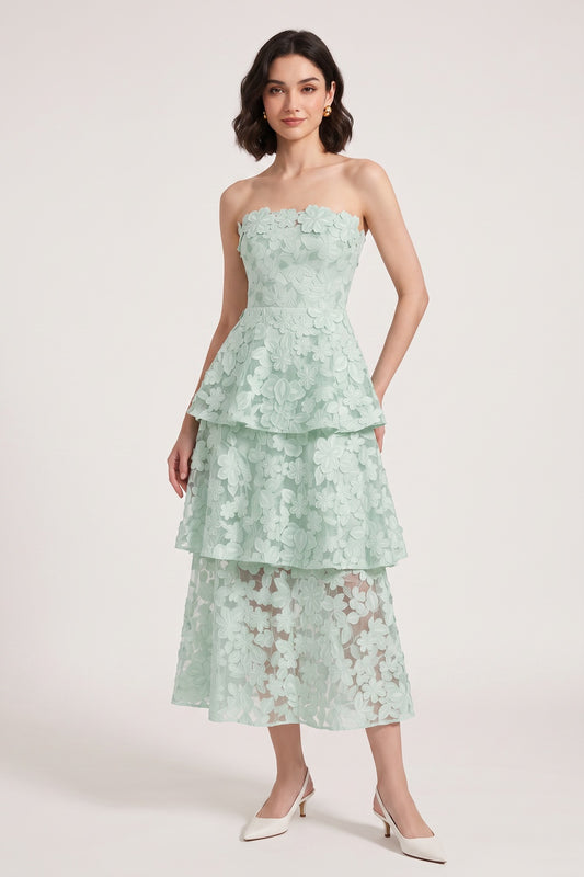 Mint Green 3D Floral Applique Lace A-Line Tiered Dress mint green 3D floral applique lace dress - product view 1