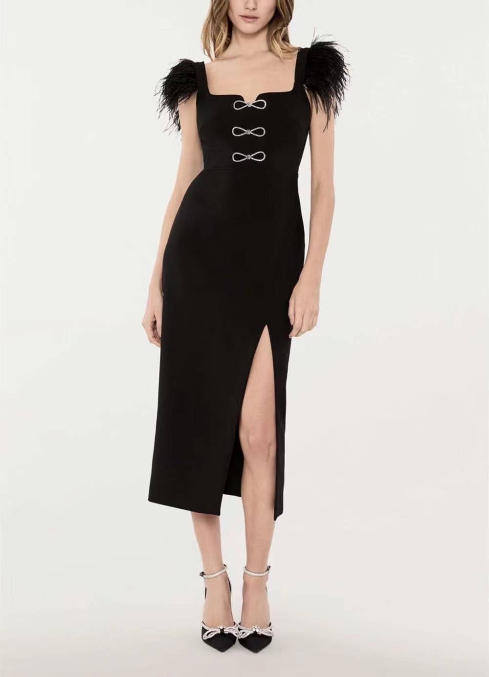 Feather Trim Bandage midi dress