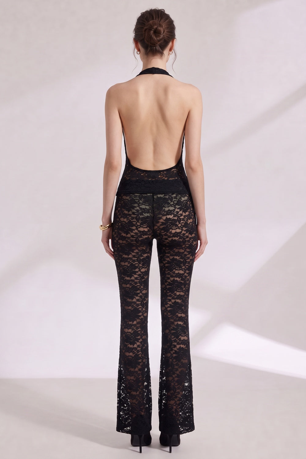 Black Sheer Floral Lace Cowl Halter Jumpsuit black sheer floral lace jumpsuit - product view 5