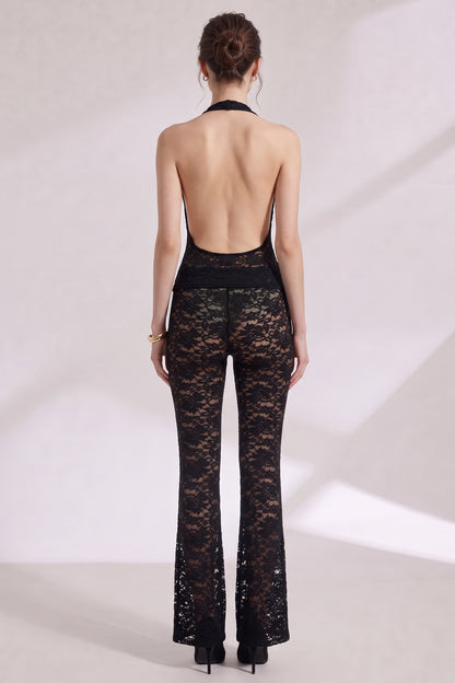 Black Sheer Floral Lace Cowl Halter Jumpsuit black sheer floral lace jumpsuit - product view 5