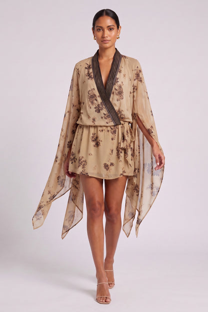beige chiffon wrap-front blouson with draped cape sleeves mini dress beige, tan chiffon mini dress - product view 3