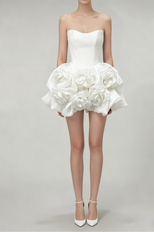 FLORAL-APPLIQUÉ STRAPLESS MINI DRESS IN WHITE