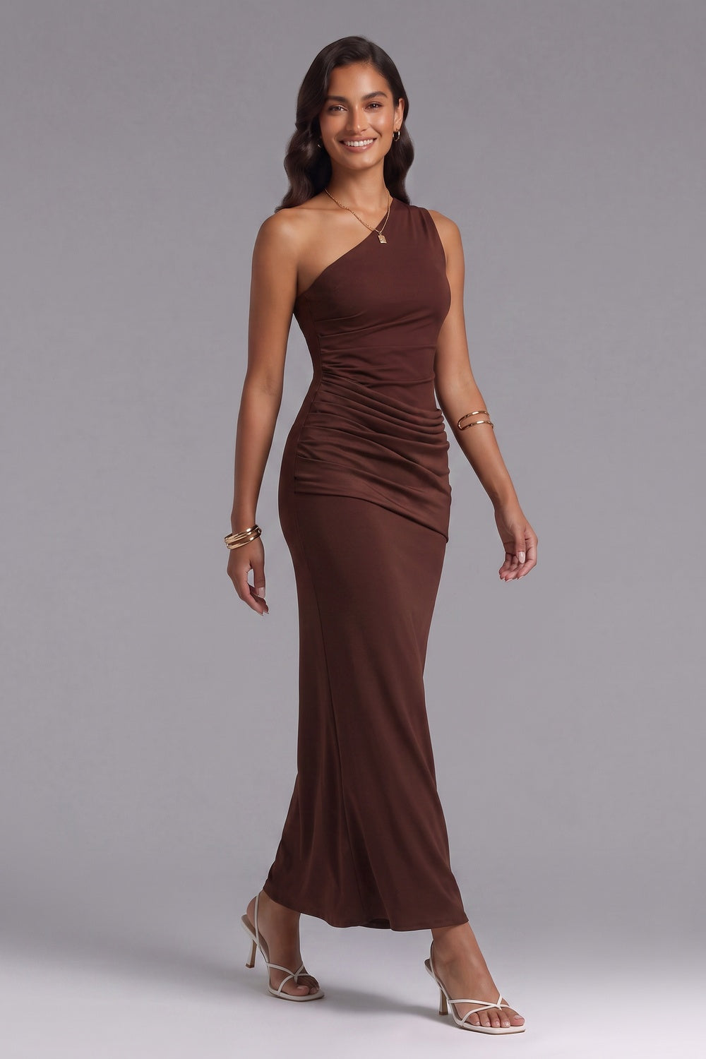 Chocolate Brown One-Shoulder Maxi Dress in Stretch Jersey chocolate brown stretch jersey dress - product view 4