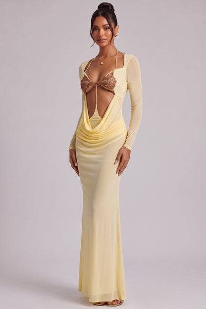 Pale Yellow Long Sleeve Maxi Dress with Cutout Detail Premium Fabric - product view 5