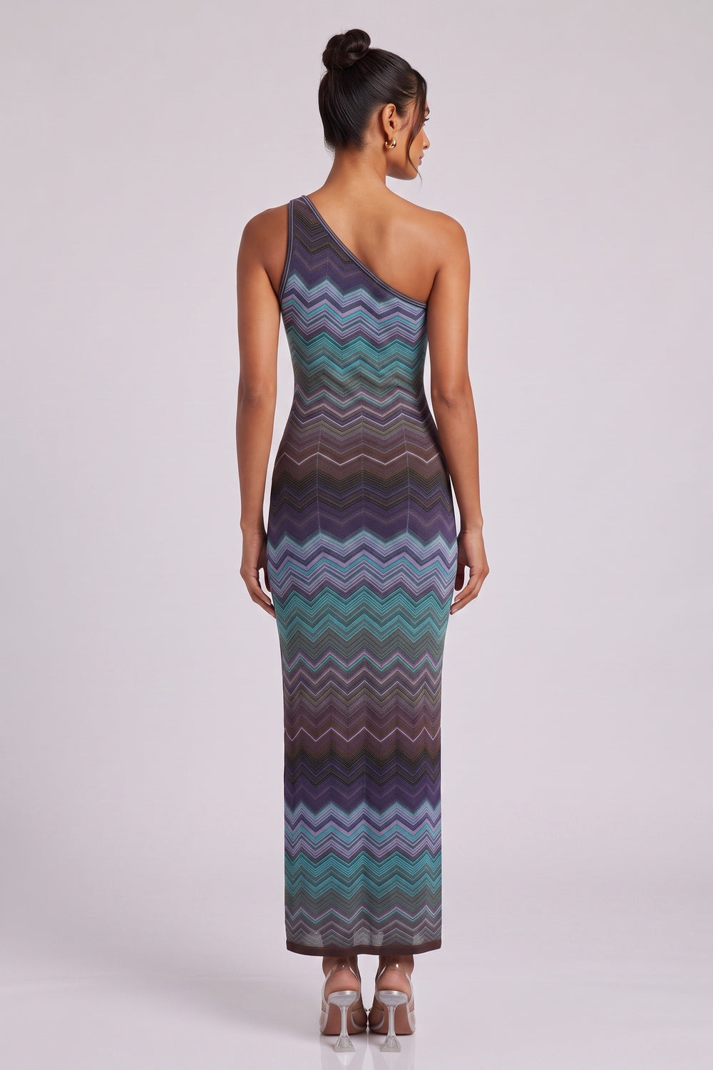 One-Shoulder Chevron Maxi Dress in Teal, Purple & Brown teal, purple, brown fine knit dress - product view 5