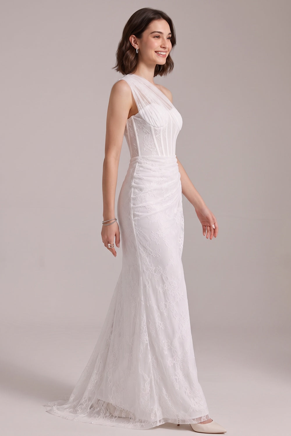 White Floral Lace One-Shoulder Column Gown white floral lace gown - product view 3