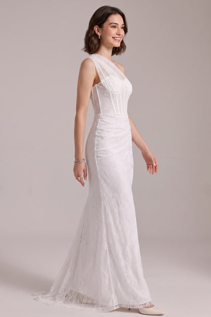 White Floral Lace One-Shoulder Column Gown white floral lace gown - product view 3