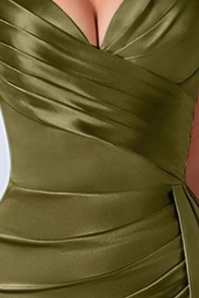 Olive Green Satin Evening Gown with Draped Bodice and High Slit