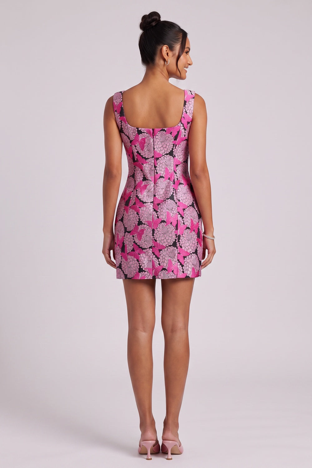 Premium Fabric Floral Mini Dress - Square Neck Premium Fabric - product view 5