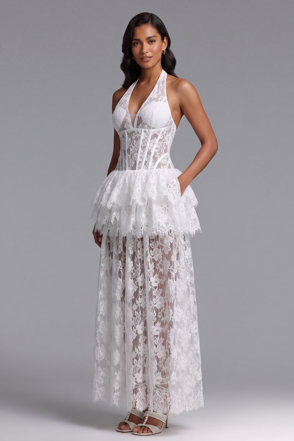 white floral lace corset bodice with tiered peplum and straight skirt dress white floral lace dress - product view 1