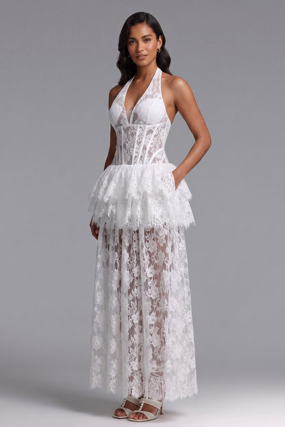 white floral lace corset bodice with tiered peplum and straight skirt dress white floral lace dress - product view 1