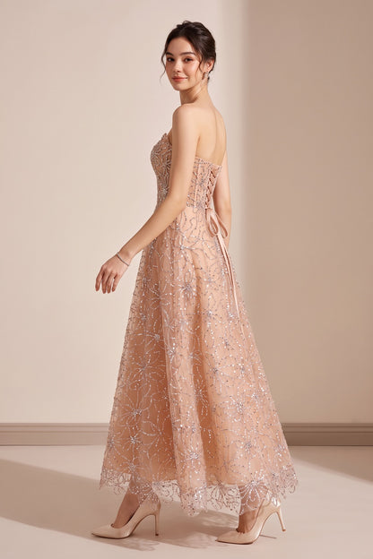 Nude Beaded Strapless Maxi Dress Premium Fabric - product view 5
